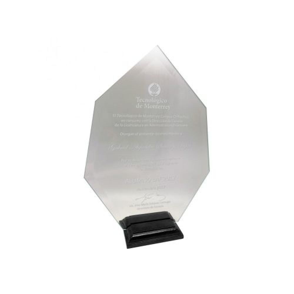 RECONOCIMIENTO DIAMANTE DE CRISTAL 6 MM.  BISELADO  CON BASE DE MADERA  TAMAÑO 22.2 X 31.5 CM  CON GRABADO LASER EN EL CRISTAL MEDIDA 15.8 X 23.2 CM imagen